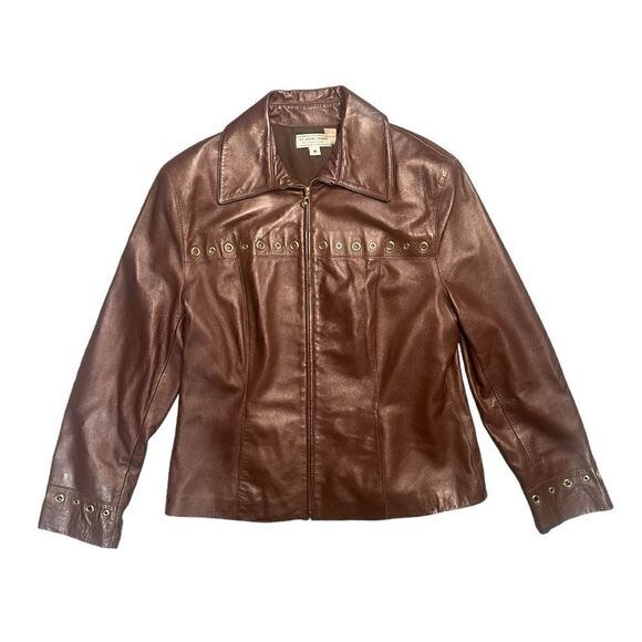 St John Sport Brown & Gold Grommet Detail Y2K 90’s Leather Jacket Size Medium - Picture 1 of 8